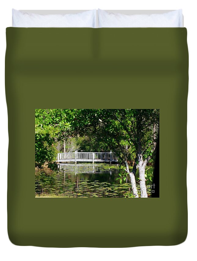 Lillys Duvet Cover featuring the photograph Bridge on Lilly Pond by Lori Mellen-Pagliaro