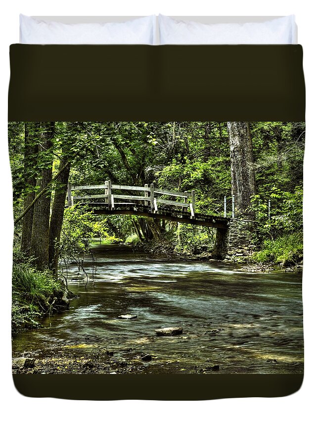 Creek Duvet Cover featuring the photograph Bridge to Serenity by Scott Wyatt
