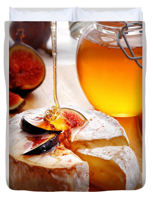 Brie Duvet Cover featuring the photograph Brie Cheese with Figs and honey by Johan Swanepoel