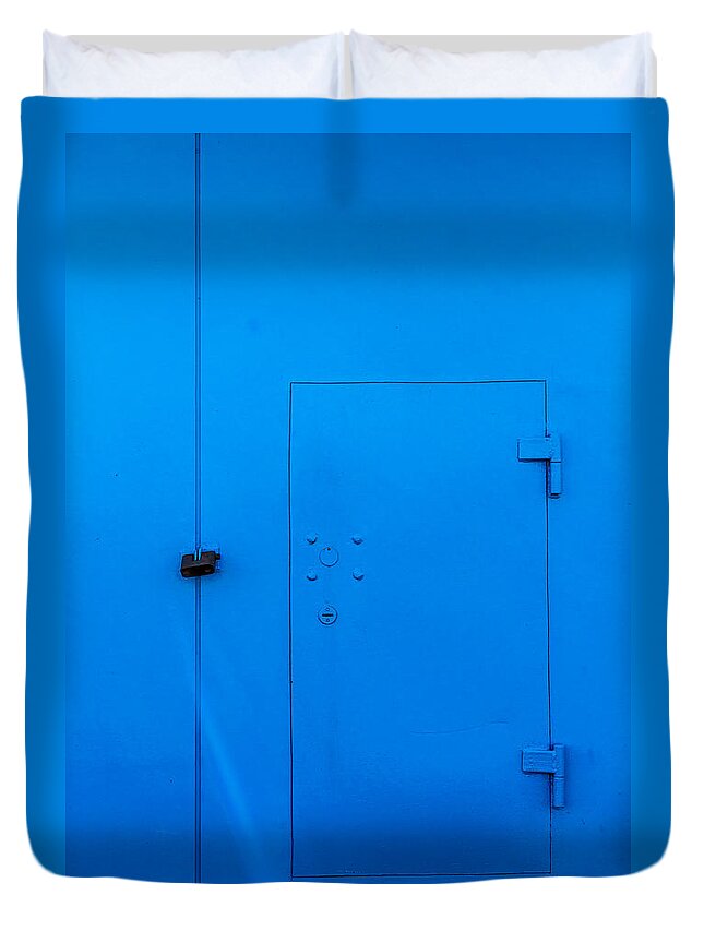 Bar Duvet Cover featuring the photograph Bright Blue Locked Door and Padlock by John Williams