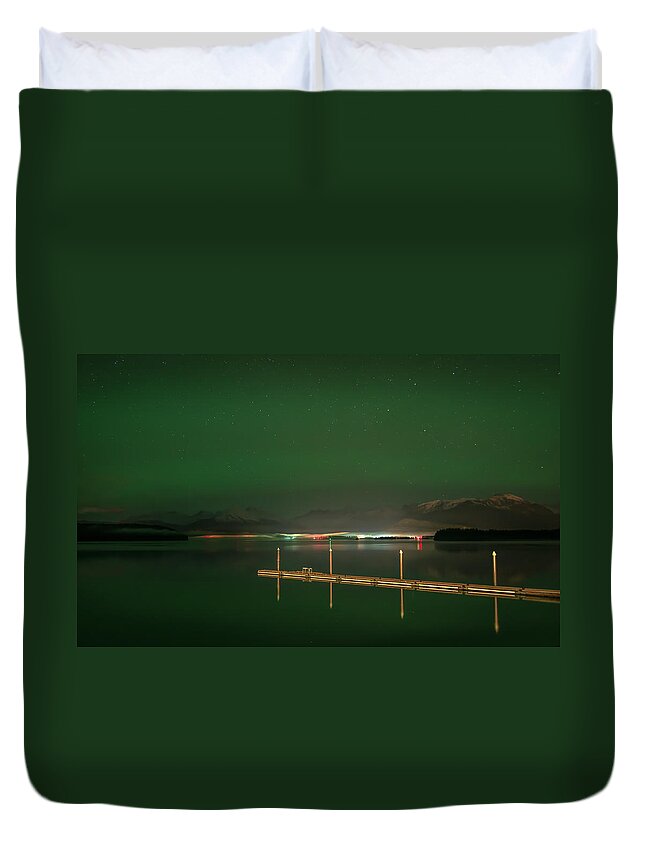 Northern Lights Duvet Cover featuring the photograph Bright Dock, Dim Lights by David Kirby