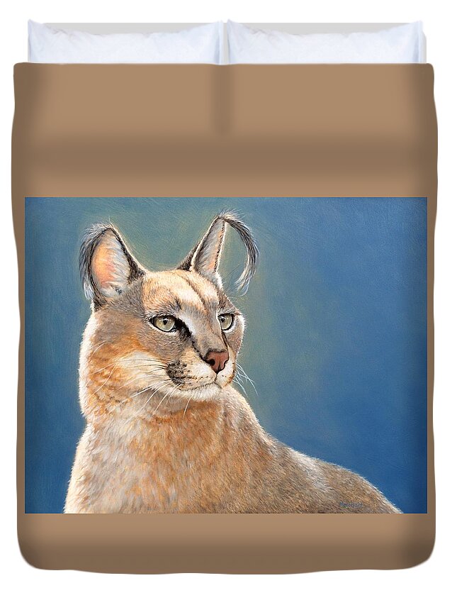 Caracal Duvet Cover featuring the painting Bright Eyes - Caracal by Linda Merchant