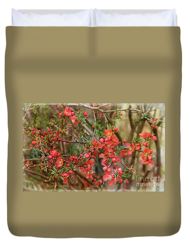 Japanese Quince Duvet Cover featuring the photograph Brighten my garden by Yumi Johnson