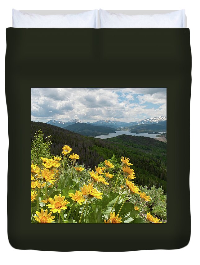 Silverthorne Duvet Cover featuring the photograph Brilliant Balsamroot and Silverthorne by Cascade Colors