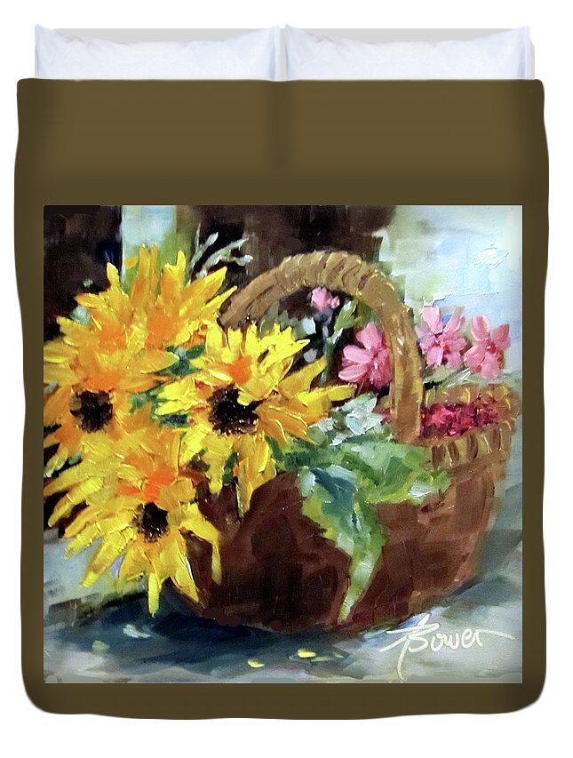 Sunflowers Duvet Cover featuring the painting Bringing In The Sunshine by Adele Bower