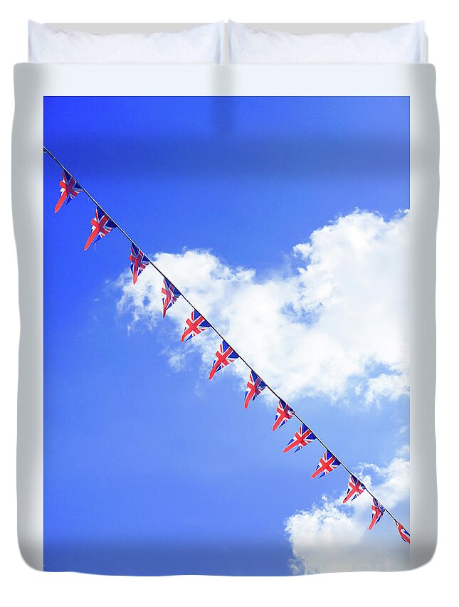 Background Duvet Cover featuring the photograph British flag bunting by Tom Gowanlock