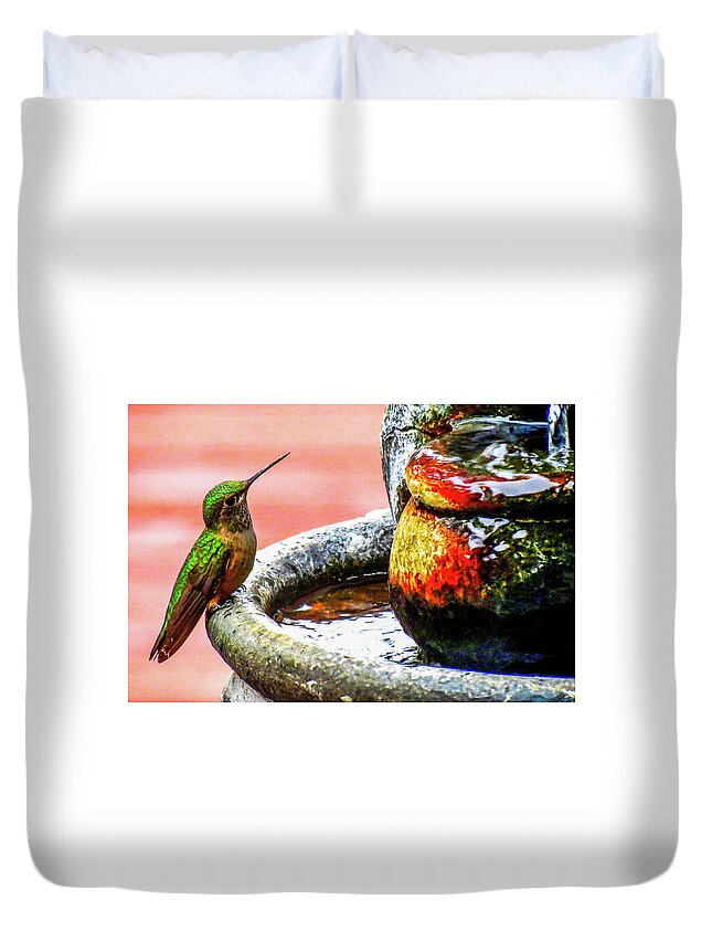 Colorado Duvet Cover featuring the photograph Broad-tailed Hummingbird at Water Fountain by Marilyn Burton