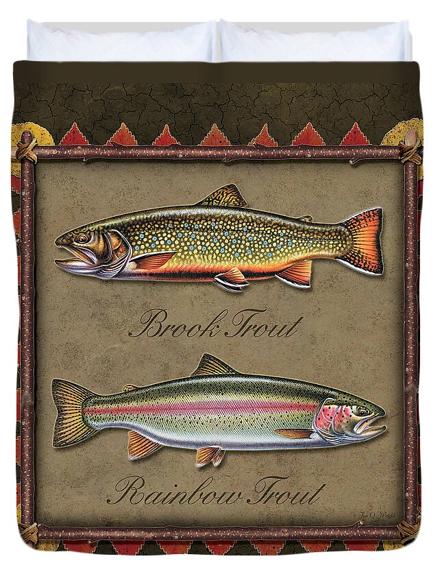 Jon Q Wright Jq Licensing Trout Fly Flyfishing Brown Trout Rainbow Trout Brook Trout Cutthroat Trout Fishing Lodge Cabin Duvet Cover featuring the painting Brook and Rainbow trout by JQ Licensing