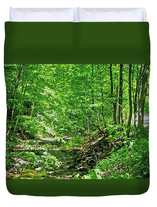 Brook Duvet Cover featuring the pyrography Brook in the Trees by Joe Roache