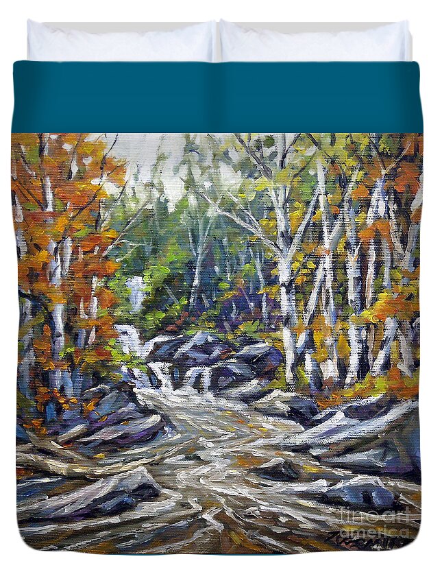 Oil Duvet Cover featuring the painting Brook Traversing Wood by Richard T Pranke