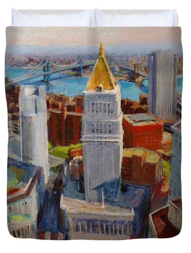 New York Duvet Cover featuring the painting Brooklyn and East River Bridges from Foley Square by Peter Salwen