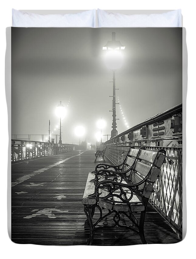 Brooklyn Bridge; Bench; Weather; Rain; Fog; Cold; People Duvet Cover featuring the photograph Brooklyn Bridge and Bench, Study 2 by Randy Lemoine