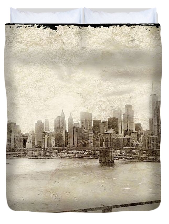New York City Skyline Duvet Cover featuring the painting Brooklyn Bridge by Joan Reese
