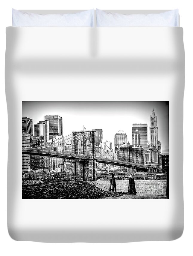 Brooklyn Bridge Duvet Cover featuring the photograph Brooklyn Bridge Manhattan Landscape Architecture Black White by Chuck Kuhn