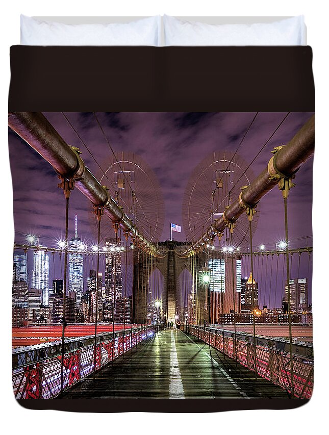 New York Duvet Cover featuring the photograph Brooklyn Bridge Night by Mike Centioli