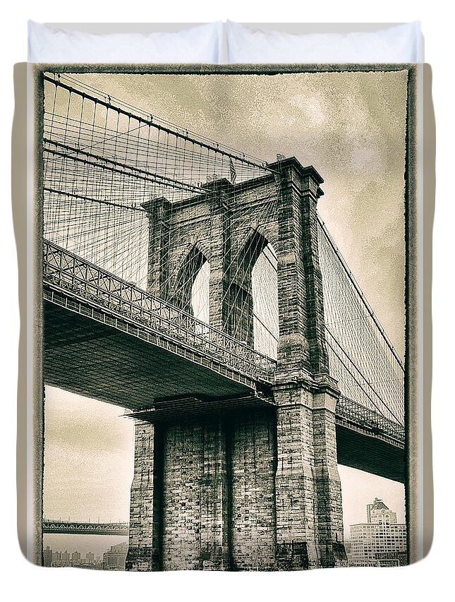 Bridge Duvet Cover featuring the photograph Brooklyn Bridge Sepia by Jessica Jenney
