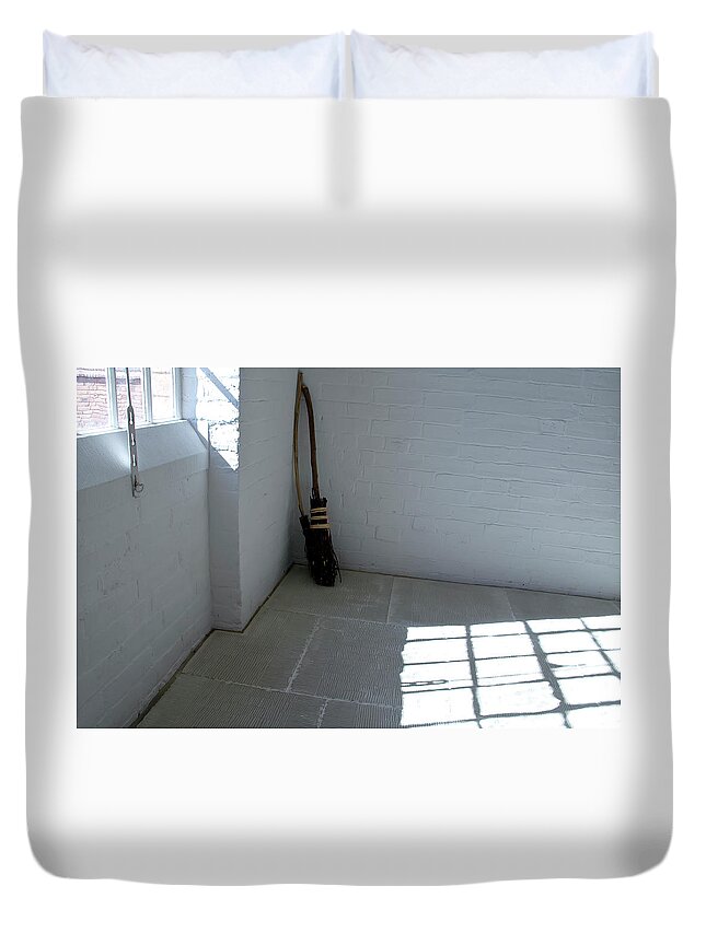 Broom Duvet Cover featuring the photograph Broom in a corner. by Elena Perelman