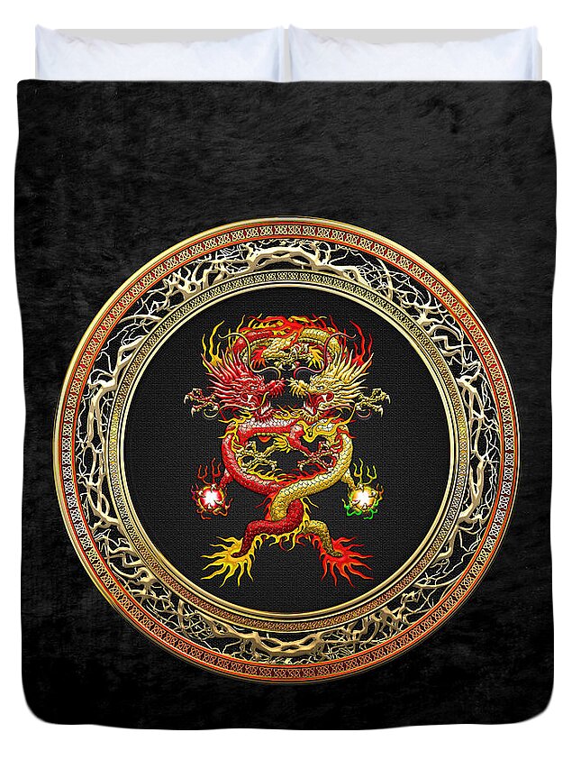 'treasure Trove' Collection By Serge Averbukh Duvet Cover featuring the digital art Brotherhood of the Snake - The Red and The Yellow Dragons on Black Velvet by Serge Averbukh
