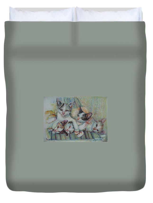 Cats Duvet Cover featuring the painting Brothers and Sisters by Sukalya Chearanantana