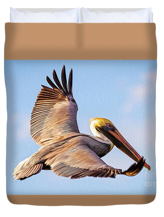 Nature Duvet Cover featuring the digital art Brown Pelican In Flight - TWO by DB Hayes