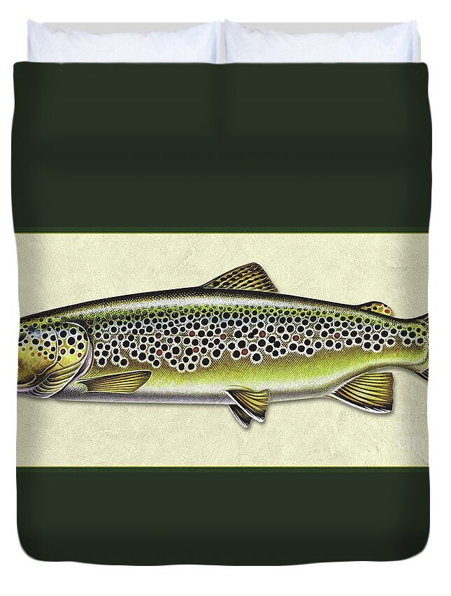 Jon Q Wright Fish Id Print Brown Trout Flyfishing Fly Freshwater Duvet Cover featuring the painting Brown trout ID by Jon Q Wright