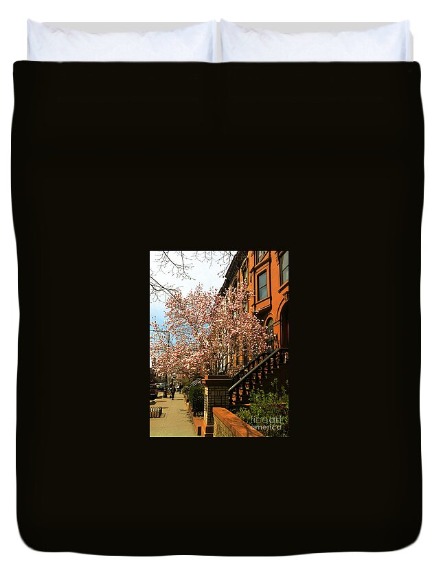 Brownstones Duvet Cover featuring the photograph Brownstones and Blossoms by Onedayoneimage Photography
