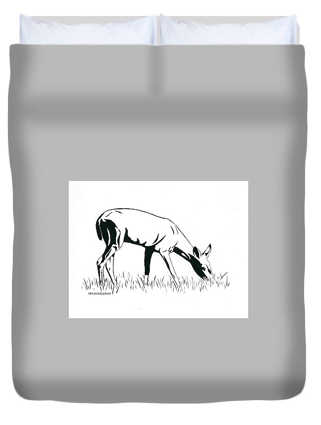 Doe. Black Tail Doe Duvet Cover featuring the drawing Browsing Doe by Timothy Livingston