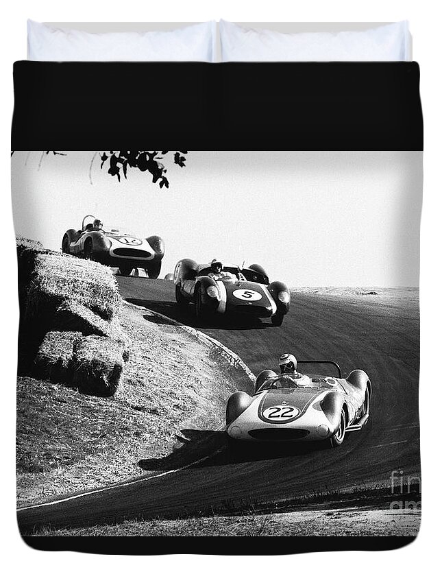 Can-am Duvet Cover featuring the photograph Bruce McLaren Turn 6a Laguna Seca by Robert K Blaisdell