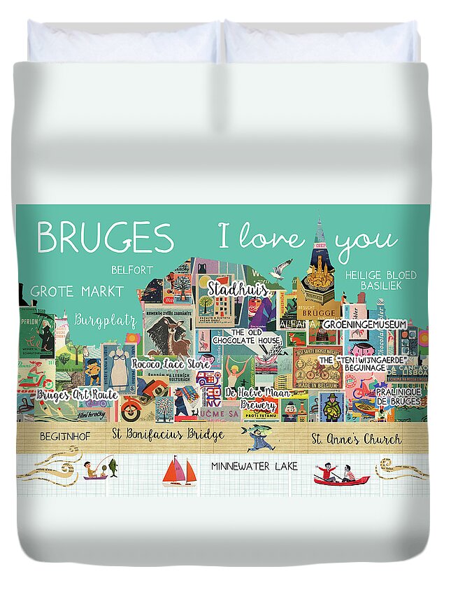 Bruges I Love You Duvet Cover featuring the mixed media Bruges I love you by Claudia Schoen
