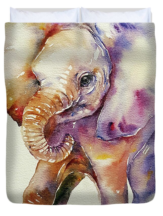 Baby Elephant Duvet Cover featuring the painting Bubbles Baby Elephant by Arti Chauhan