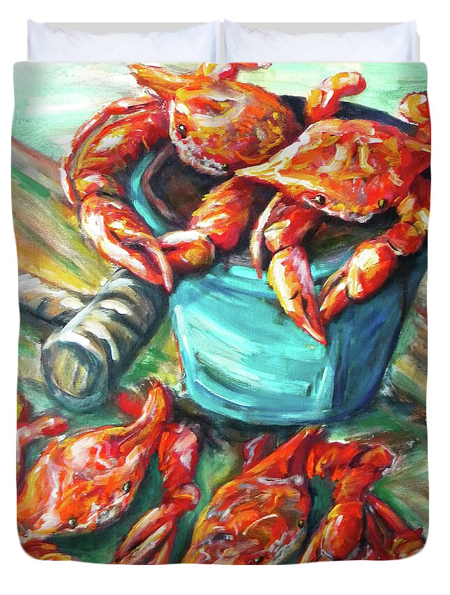 Crab Duvet Cover featuring the painting Bucket O Crabs by JoAnn Wheeler