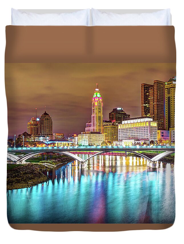 Columbus Skyline Duvet Cover featuring the photograph Buckeye Skyline - Columbus at Night on the Water by Gregory Ballos