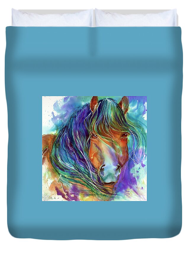 Equine Duvet Cover featuring the painting BUCKY the MUSTANG in WATERCOLOR by Marcia Baldwin