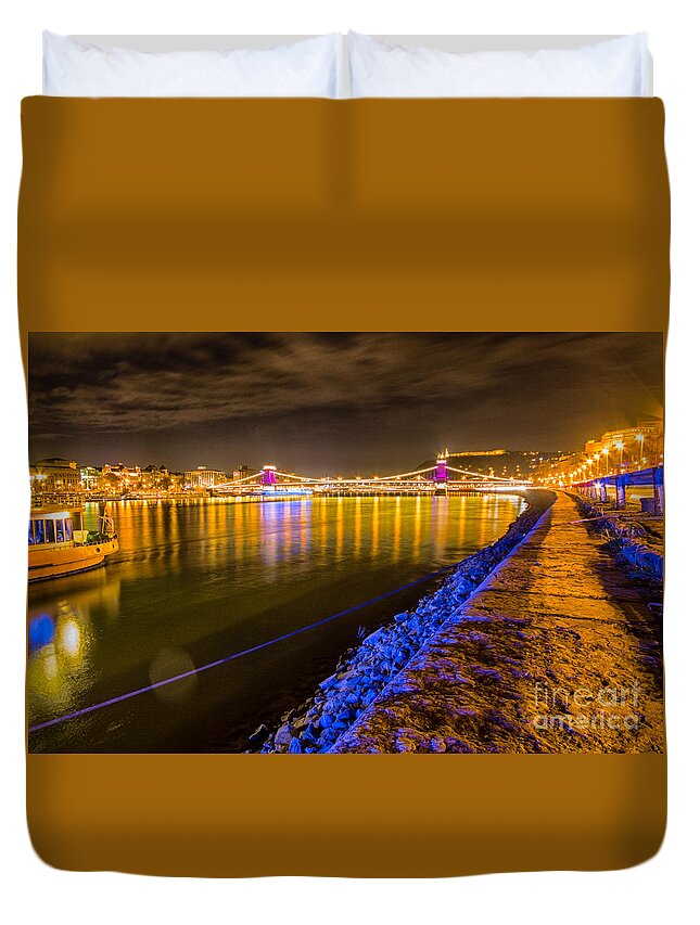 Art Photography Duvet Cover featuring the photograph Budapest at night Lanchid Chain Bridge by Jivko Nakev