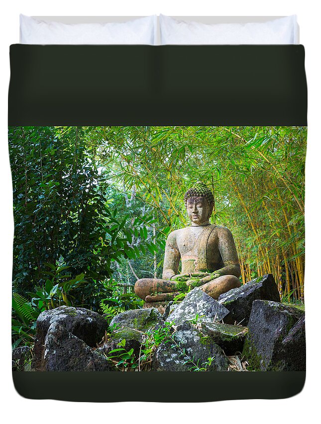 Asian Duvet Cover featuring the photograph Buddha statue in bamboo forest by Steven Heap