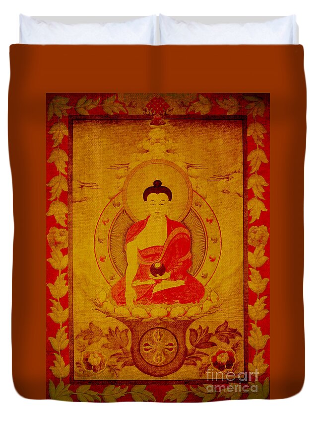 Shakyamuni Buddha Duvet Cover featuring the drawing Buddha tapestry gold by Alexa Szlavics