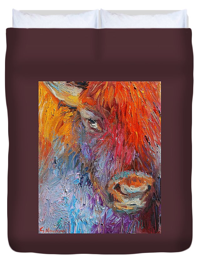 Buffalo Art Duvet Cover featuring the painting Buffalo Bison wild life oil painting print by Svetlana Novikova