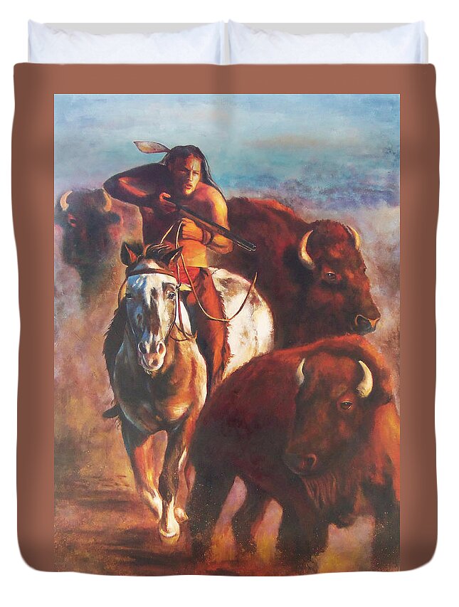 Buffalo Hunt Painting Duvet Cover featuring the painting Buffalo Hunt by Karen Kennedy Chatham