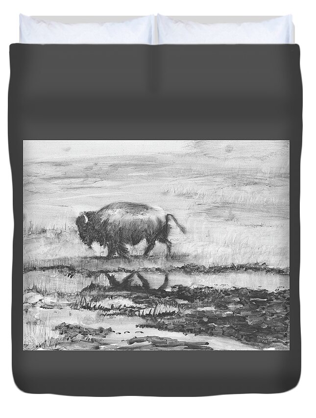 Buffalo Duvet Cover featuring the painting Buffalo Reflection by Sheila Johns