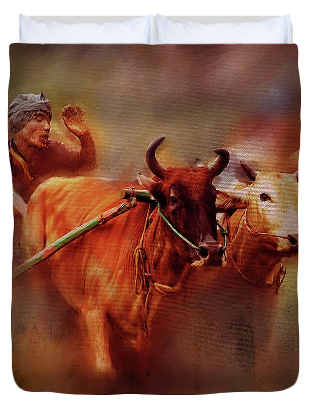 Bulls Duvet Cover featuring the painting Bull Race 04 by Gull G