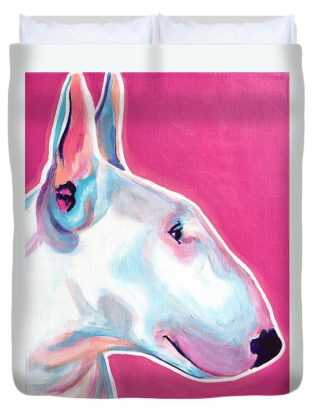 Bull Terrier Duvet Cover featuring the painting Bull Terrier - Bubblegum by Dawg Painter