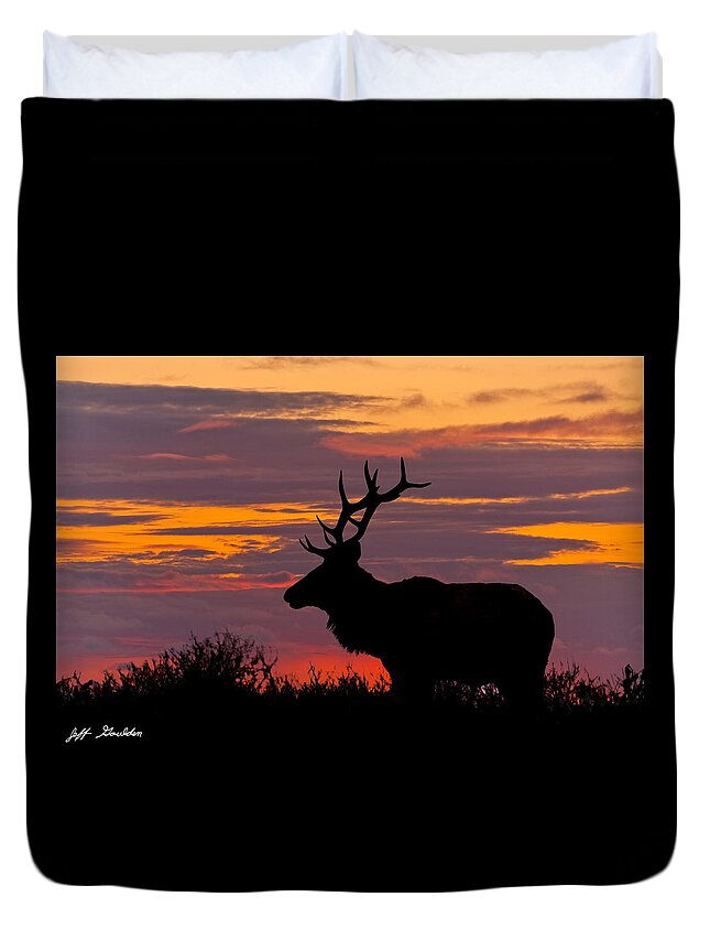 Animal Duvet Cover featuring the photograph Bull Tule Elk Silhouetted at Sunset by Jeff Goulden