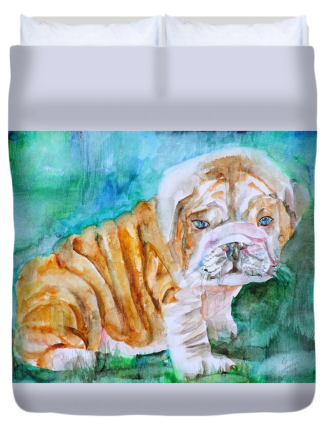 Bulldog Duvet Cover featuring the painting BULLDOG CUB - watercolor portrait by Fabrizio Cassetta