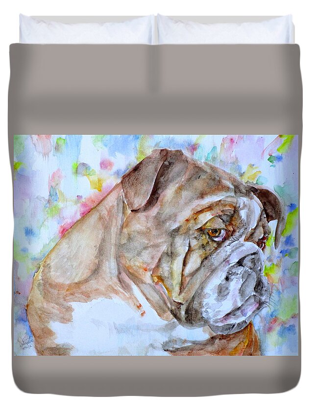 Bulldog Duvet Cover featuring the painting BULLDOG - watercolor portrait.7 by Fabrizio Cassetta