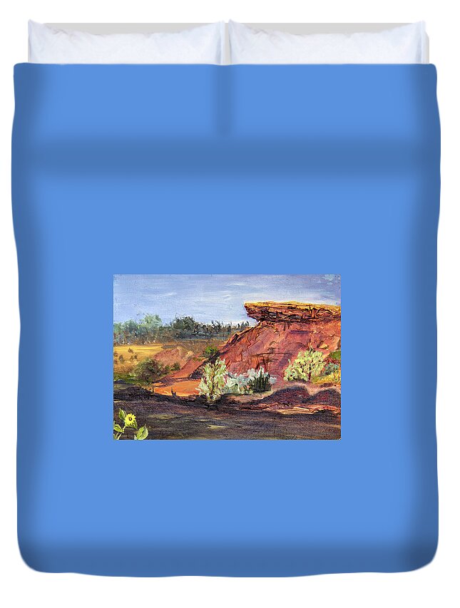 Sunflower Duvet Cover featuring the painting Bullock Reservoir by Nila Jane Autry