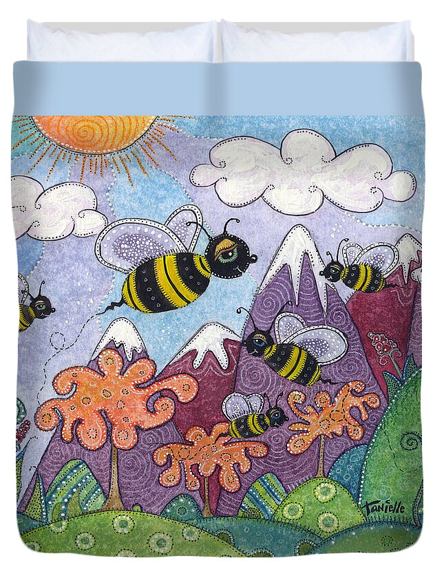 Whimsical Landscape Duvet Cover featuring the painting Bumble Bee Buzz by Tanielle Childers