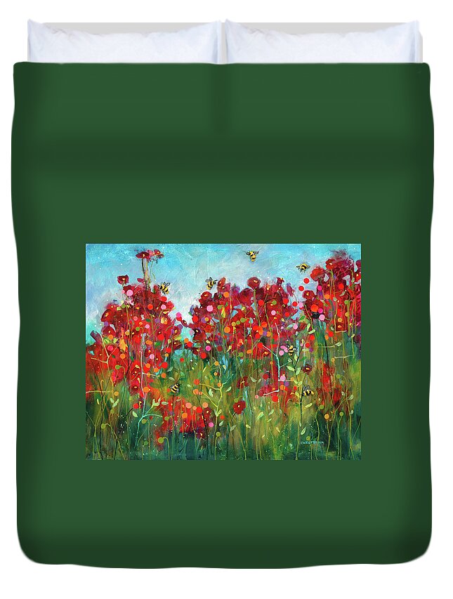 Artwork Duvet Cover featuring the painting Bumblebees and Poppies by Cynthia Westbrook