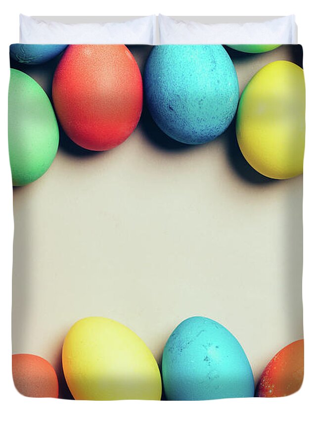 Egg Duvet Cover featuring the photograph Bunch of home-dyed eggs. Copyspace. by Michal Bednarek