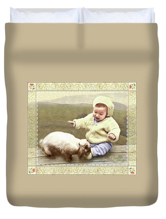  Duvet Cover featuring the photograph Bunny Nuzzles Baby's Toes by Adele Aron Greenspun