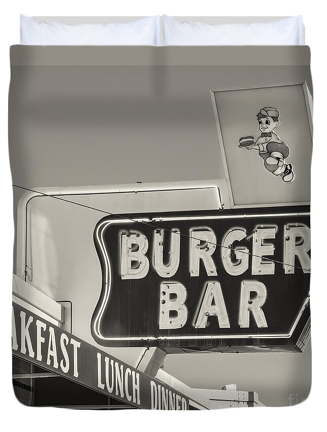 Antique Duvet Cover featuring the photograph Burger Bar bw by Jerry Fornarotto